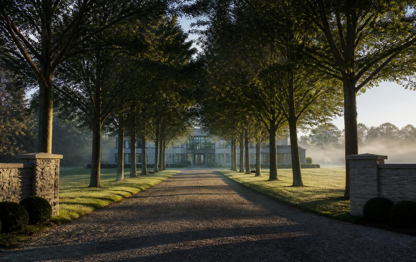 Tree-lined approach drive leading to a private stone estate in morning mist