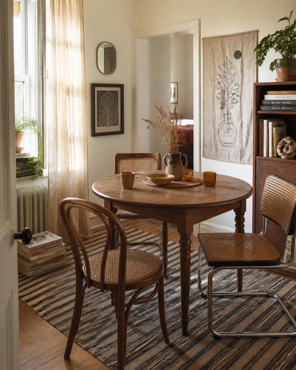 Concept study of a compact boho dining corner with round oak table, cane chairs and striped rug