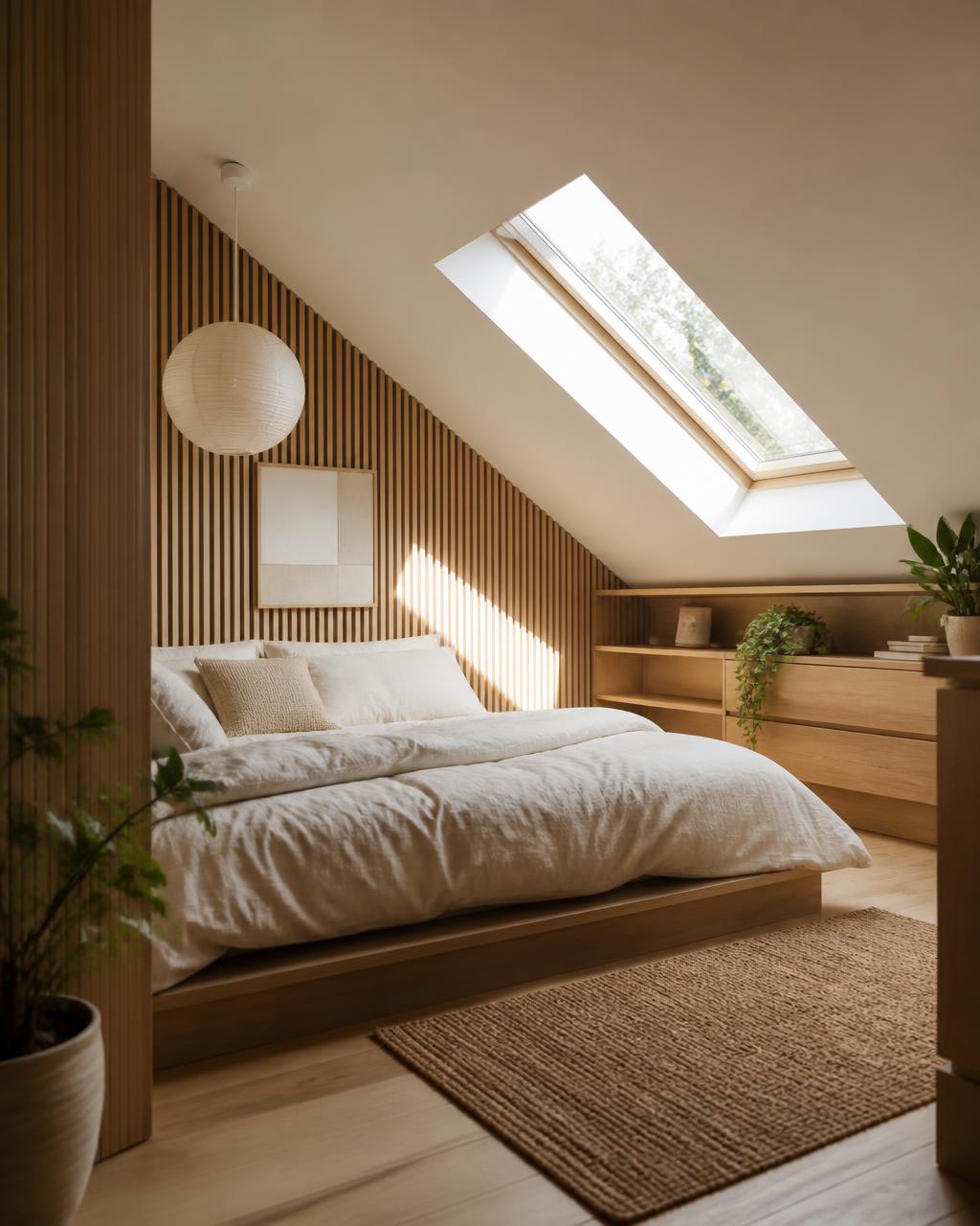 Concept study of a small loft bedroom under a sloping ceiling with wood slat wall, low platform bed, skylight and built-in timber storage