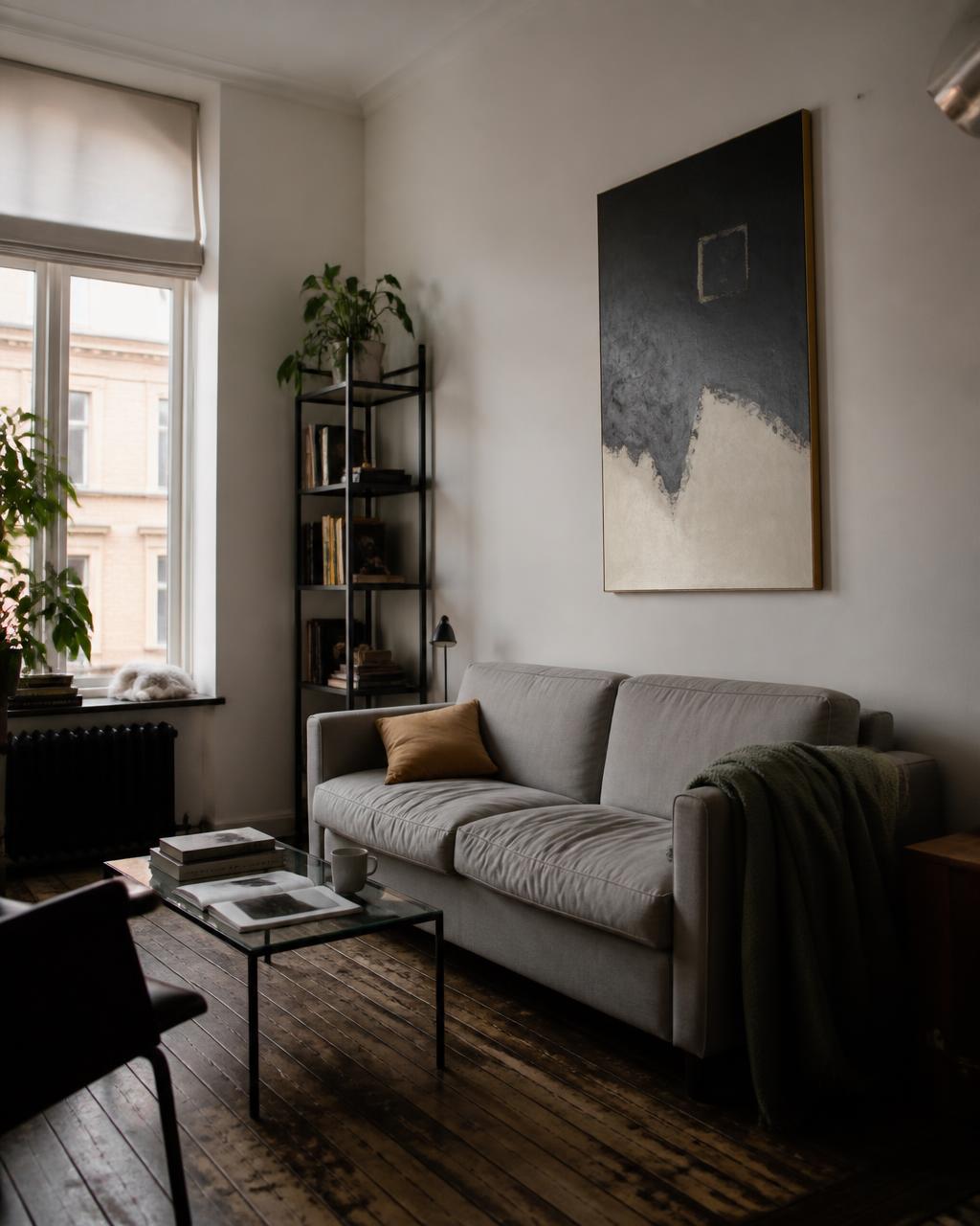 Concept study of a renovated compact modern living room with restored timber floor, low linen sofa and slim black shelving