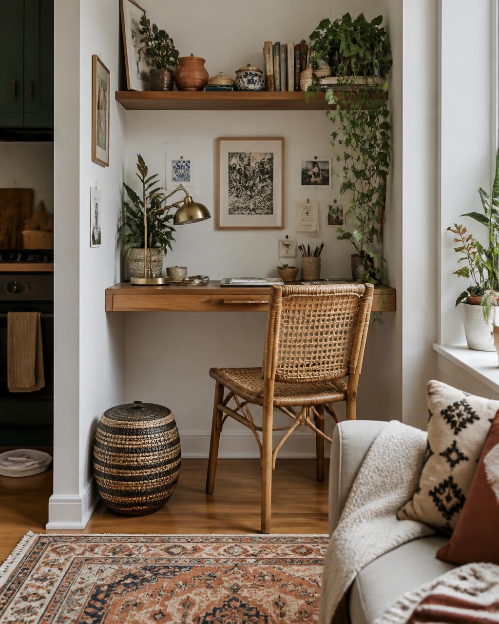 Concept study of a compact home office built into an alcove with oak desk, rattan chair and layered textiles