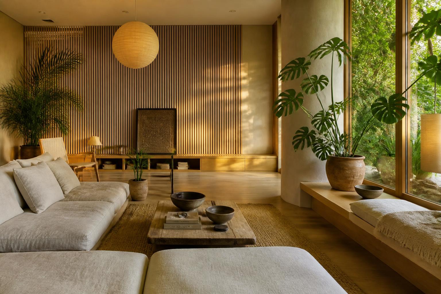 Concept study of a serene Japanese-inspired living room with wood slat wall, low linen seating, paper lantern and large leafy plants in warm daylight